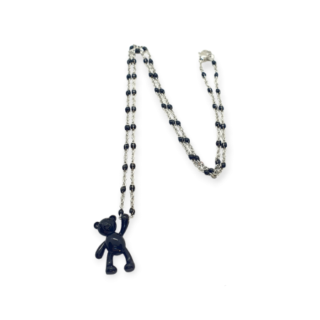 necklace silverchain with black beads and black bear